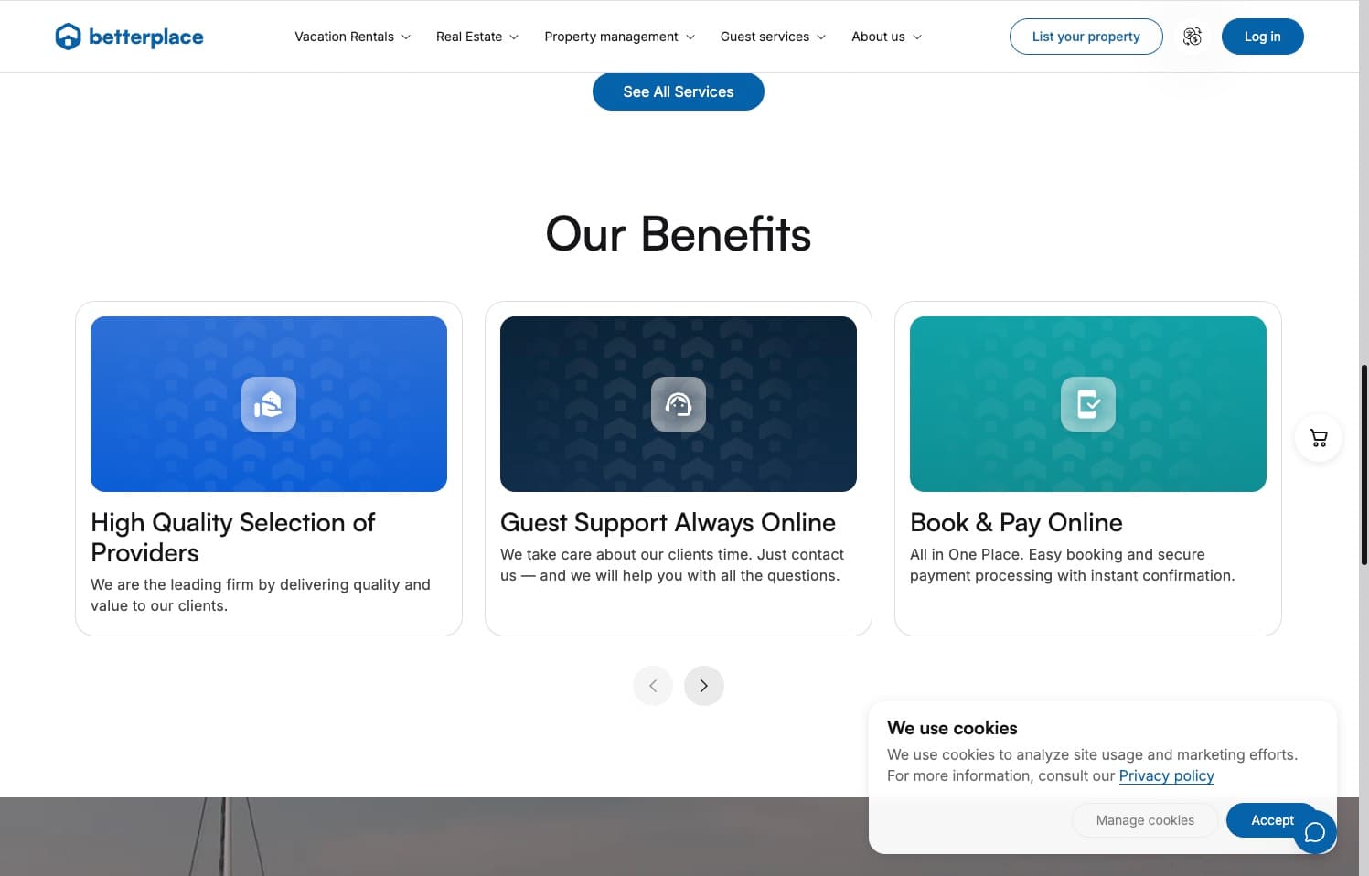 Betterplace - блок Our Benefits: провайдеры, поддержка гостей, book & pay online