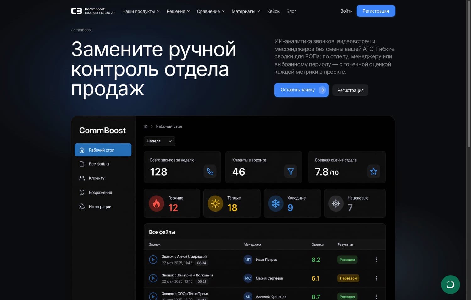 CommBoost - все файлы: записи звонков, оценка ИИ, фильтр по менеджеру, импорт и экспорт