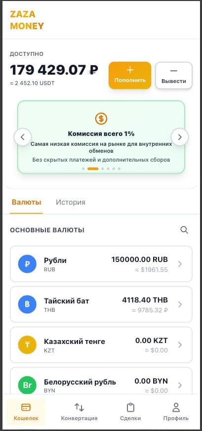 Patrixex Wallet - прототип Telegram Mini App: баланс, пополнение/вывод, мультивалюты (RUB, THB, KZT, BYN / USDT)