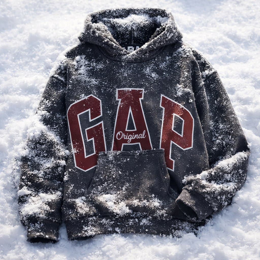 Этап 1 / v1 (TG-бот): flat-lay толстовки GAP на снегу - базовая композиция, слабая проработка
